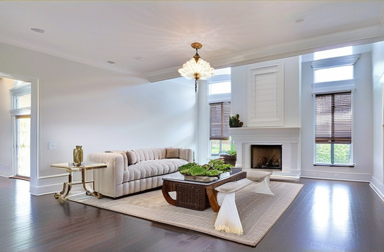 Living room staged with furniture around the fireplace